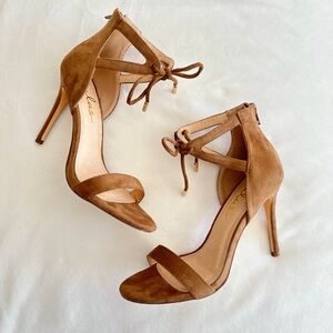 Camel Faux Suede Ankle Strap Heels